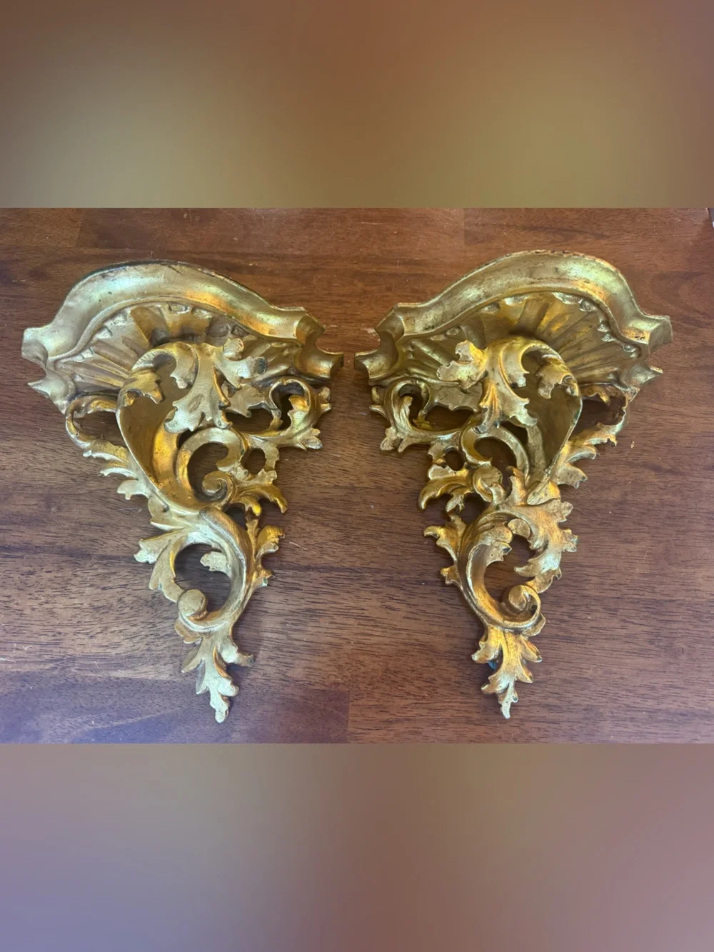 Antique Italian Rococo Style Wall Bracket Shelves Carved Wood Gold Gilded Set 2